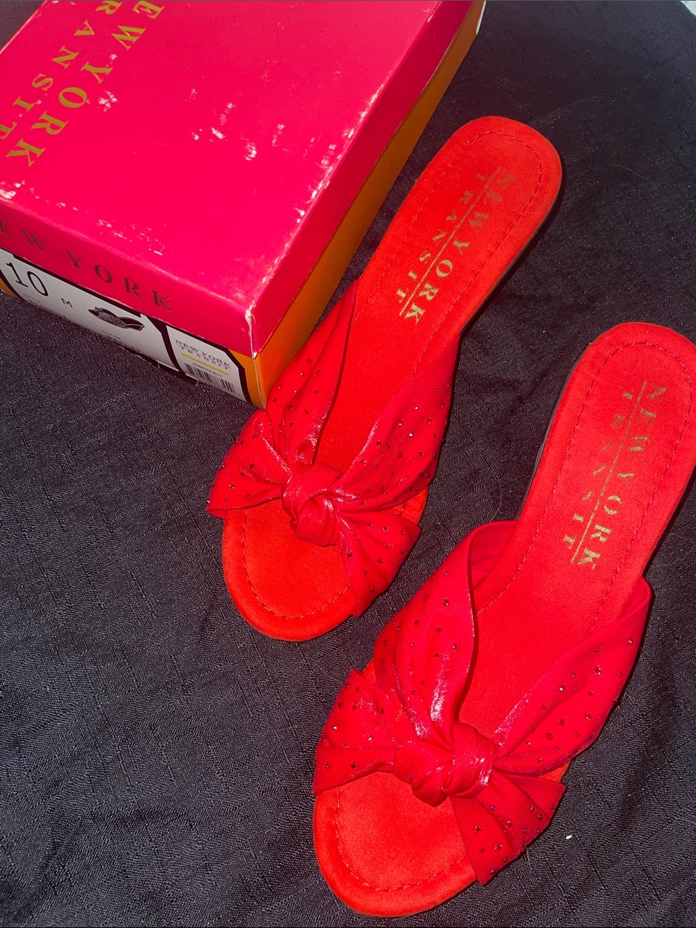 New York Transit Red Knotted Slide Mules with Rhinestones